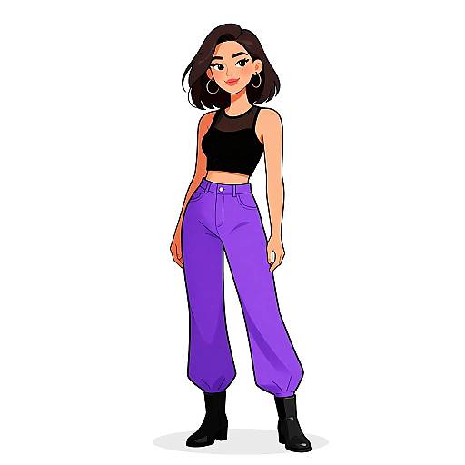 Digital illustration of a confident woman with medium skin tone, black bob haircut, wearing a black crop top, high-waisted purple pants, black ankle