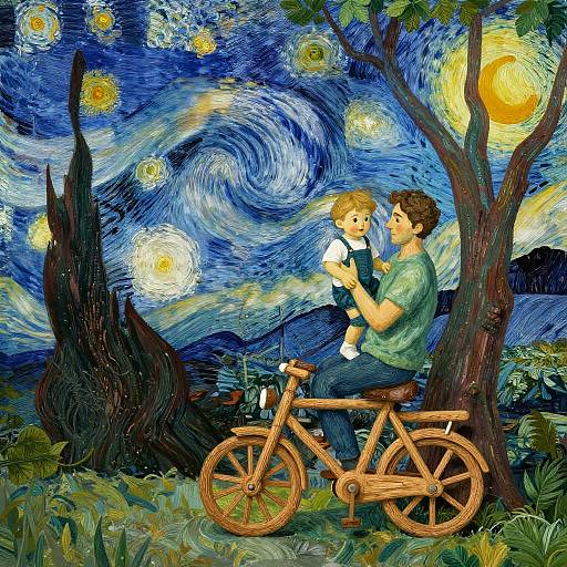 Man and Toddler in Van Gogh Forest