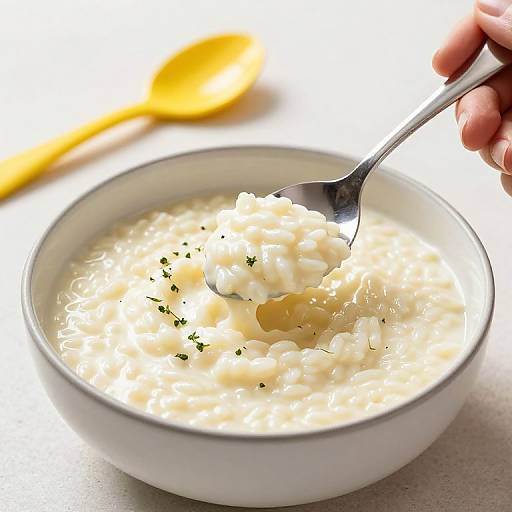 Photograph of creamy mashed potatoes in a white bowl, with a hand scooping a spoonful, garnished with green herbs, yellow spoon blurred in