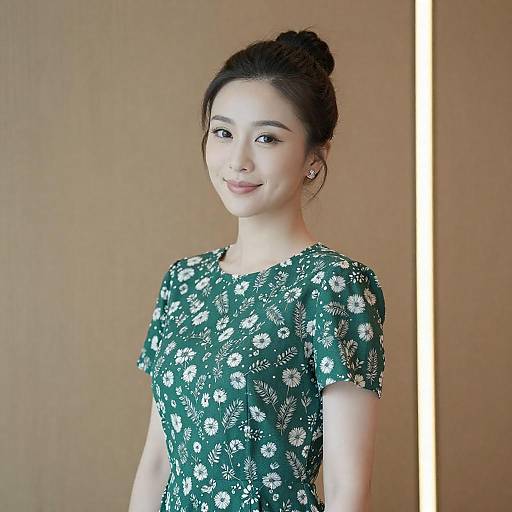 Asian Woman in Green Floral Dress