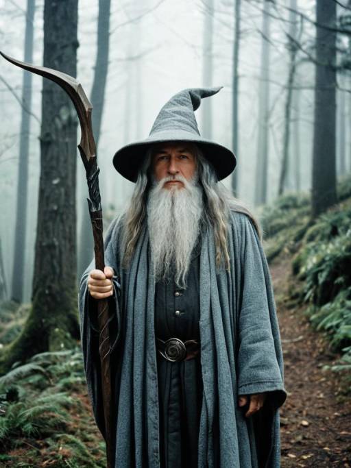 Man in Gandalf Costume in Misty Forest