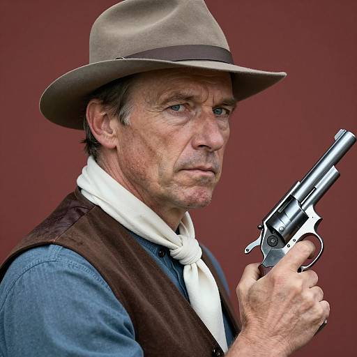 Middle-aged Man in Western Outfit Holding Revolver