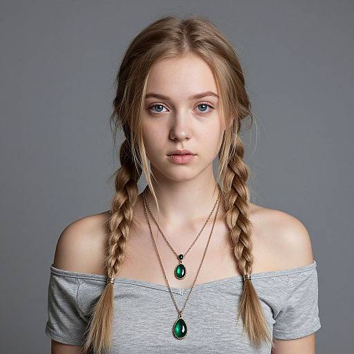 Photograph of a young woman with light brown braids, blue eyes, wearing an off-shoulder gray top and two green pendant necklaces,