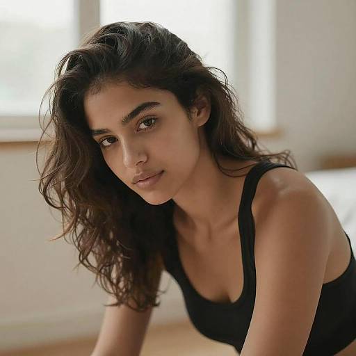 Photograph of a young woman with wavy dark hair, brown eyes, and medium skin tone, wearing a black tank top, leaning forward with a