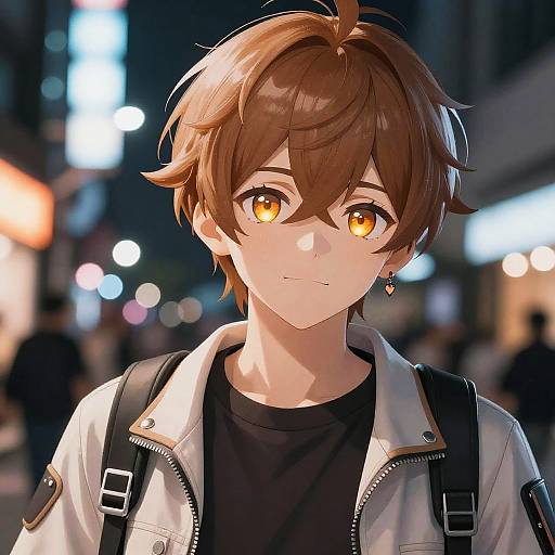 Anime-style digital drawing of a young boy with brown hair, golden eyes, wearing a white jacket, black shirt, and backpack, standing in a brightly