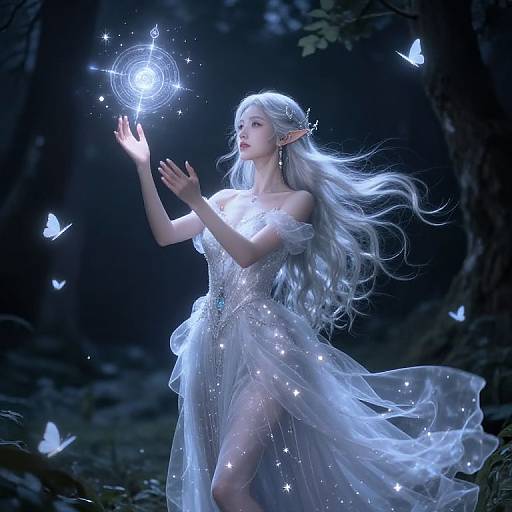 Digital artwork of a mystical, ethereal elf woman with long silver hair, wearing a flowing white dress, conjuring a glowing orb in a dark,