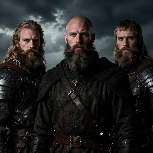 Photograph of three rugged, bearded Viking warriors in dark armor and fur cloaks, standing against a stormy, cloudy sky. Intense expressions