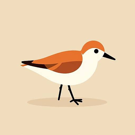 Digital illustration of a simplified red-orange and white bird with black beak and legs, walking on a beige background.