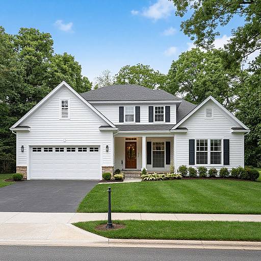 Photograph of a two-story white house with black shutters, gray roof, front porch, garage, and manicured green lawn. Trees in background