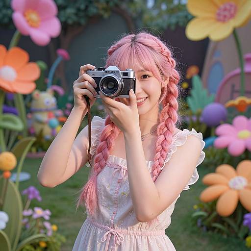 Photograph of a smiling young woman with pink braided hair, wearing a white floral dress, holding a camera in a colorful, whimsical garden filled