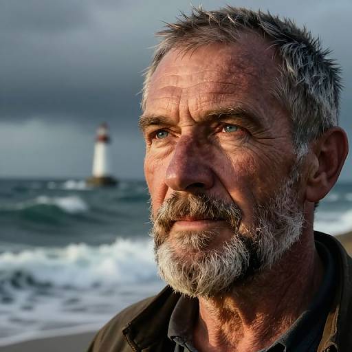 Photograph of a weathered, grey-haired, bearded man with blue eyes, standing on a beach with a distant lighthouse and ocean waves.