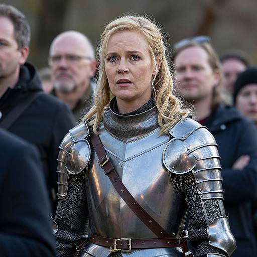 Photograph of a blonde woman in medieval silver armor with a brown leather strap, standing among blurred, dressed men in dark clothing.
