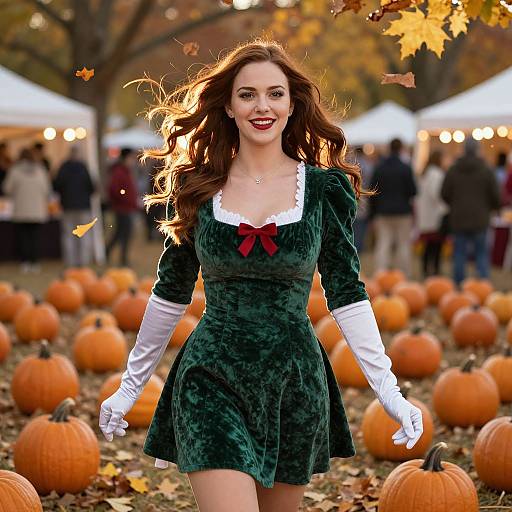 Photograph of a smiling woman with long brown hair, wearing a green velvet dress, white gloves, red bow, standing in an autumn pumpkin patch with