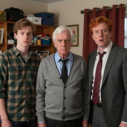 Three Men in a Cluttered Room Scene