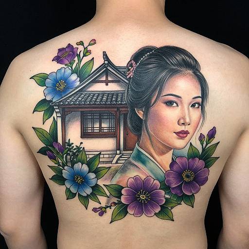 Vivid tattoo on a person's back: Asian woman with black hair, traditional Japanese house, and colorful blue and purple flowers.