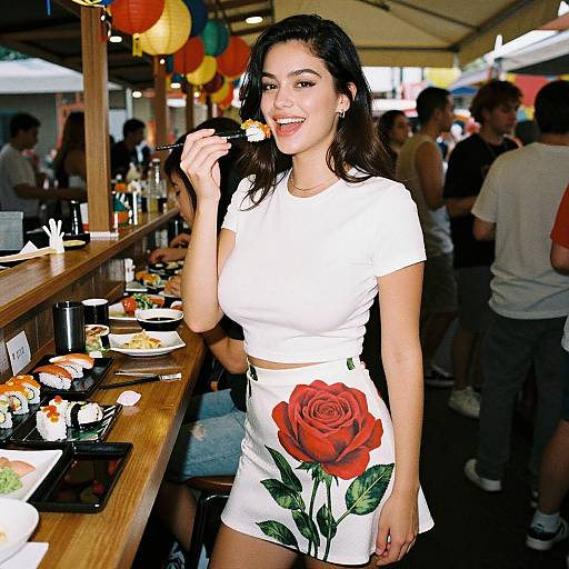 Photograph of a smiling Asian woman with long black hair, wearing a white crop top and high-waisted skirt with a large red rose print,