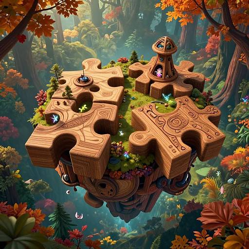 Digital fantasy artwork of a wooden, puzzle-piece-shaped floating castle with glowing eyes and intricate carvings, surrounded by vibrant, colorful autumn forest.