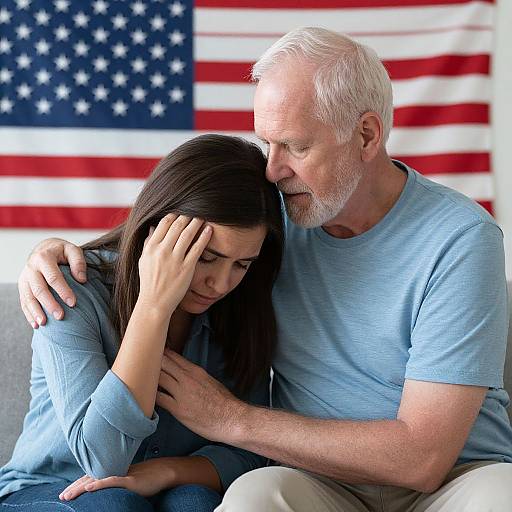Photograph of an elderly white man with a white beard comforting a distressed young woman with dark hair, both wearing light blue shirts, seated on a couch