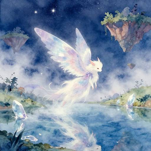 Watercolor fantasy painting of a glowing white winged creature leaping over a misty blue river, surrounded by floating islands and starry sky.