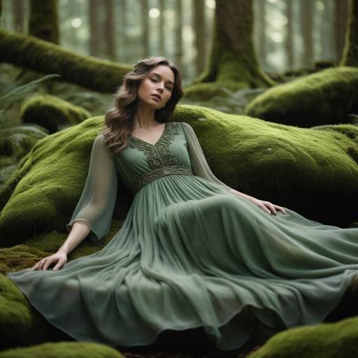 Woman in Green Dress Sitting on Mossy Forest Floor
