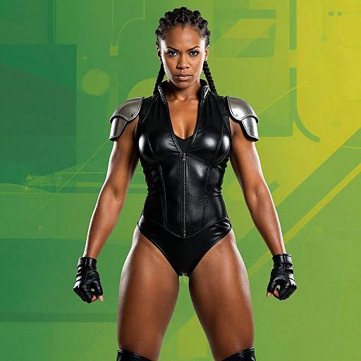 Photograph of a muscular Black woman with braided hair, wearing a black leather bodysuit, shoulder armor, and gloves, standing confidently against a