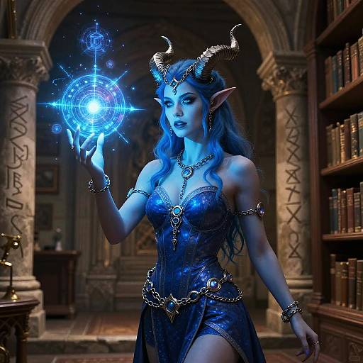 Digital fantasy artwork of a blue-skinned, horned, elven sorceress in a dark, ornate dress, casting a glowing blue magical