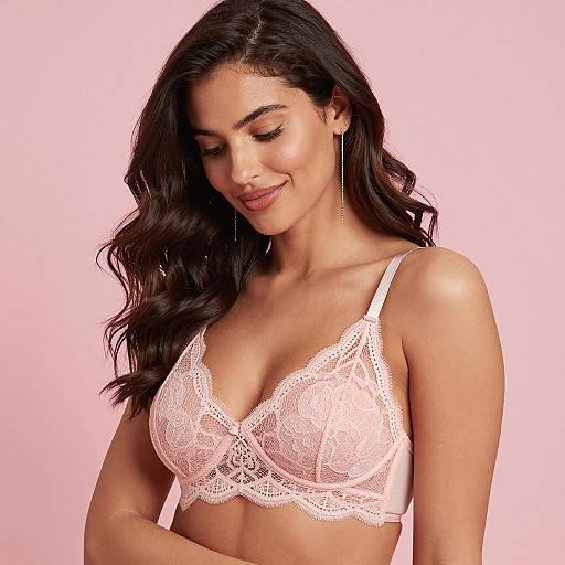 Woman in Light Pink Lace Bra with Soft Smile