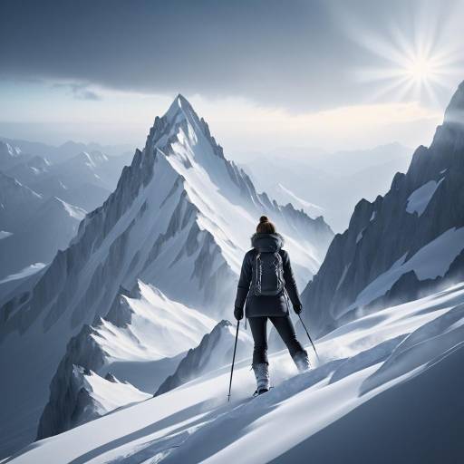 Woman Hiking on Snowy Mountain Peak