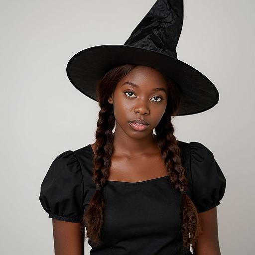 Photograph of a young Black woman with dark skin, wearing a black witch hat and puffed-sleeve black dress, against a white background.