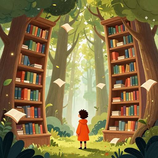 Whimsical digital illustration of a child in a red dress standing between two tall, wooden bookshelves filled with colorful books in a sunlit forest