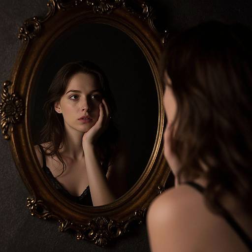 Photograph of a young woman with long brown hair, reflected in an ornate, oval, gold-framed mirror, gazing pensively, with