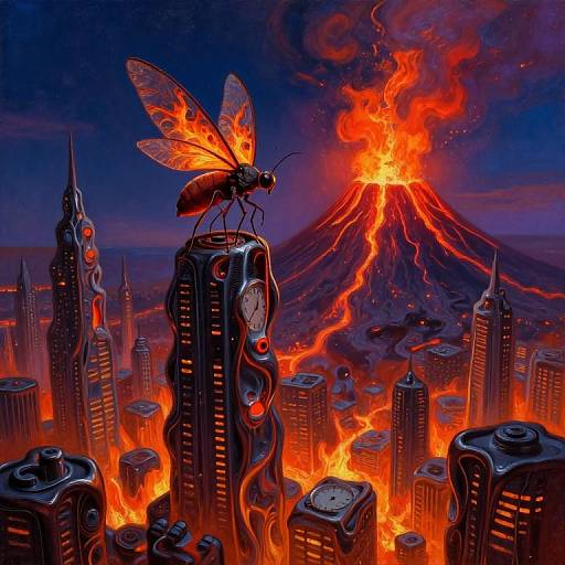 Digital artwork: A glowing insect with translucent wings perches on a burning skyscraper, overlooking a fiery cityscape with an erupting volcano in the background