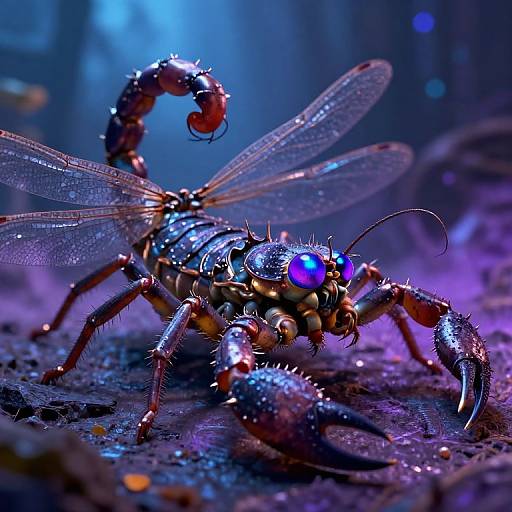 Digital CGI of a glowing, metallic, insect-like creature with iridescent blue eyes and translucent wings, crawling on a dark, textured surface illuminated by