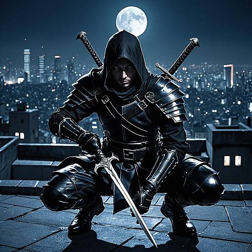 Crouching Assassin on Moonlit Rooftop