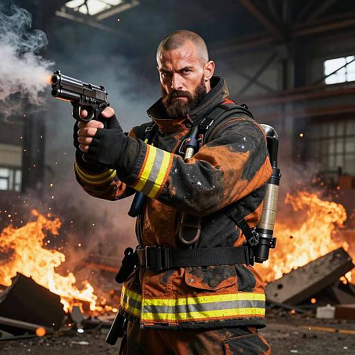 Bearded firefighter with intense expression, aiming handgun at flames in a burning warehouse. He wears orange-and-black protective gear with oxygen tank. Photograph.