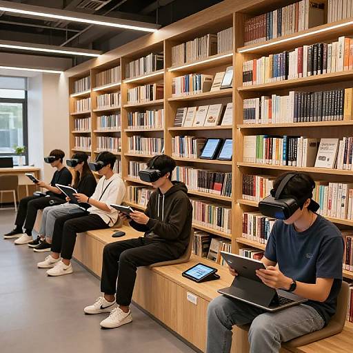 Photograph of five young men in VR headsets, black clothing, white sneakers, sitting on wooden bookshelf in modern library, reading tablets.