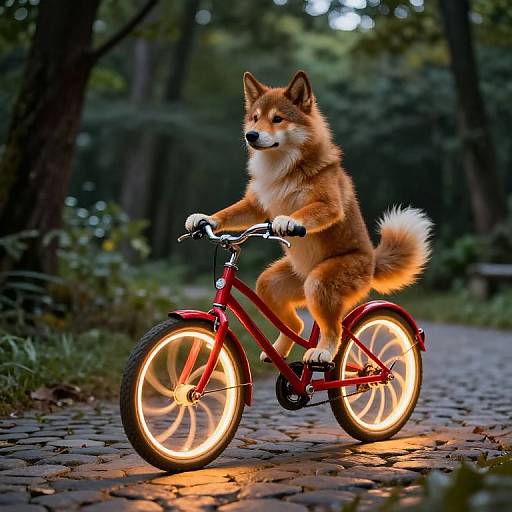 Photograph of a fluffy, orange-and-white Shiba Inu puppy riding a red bicycle with glowing wheels on a cobblestone path in a dark