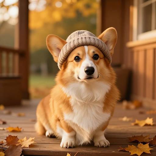 Fluffy Corgi with Beanie Hat