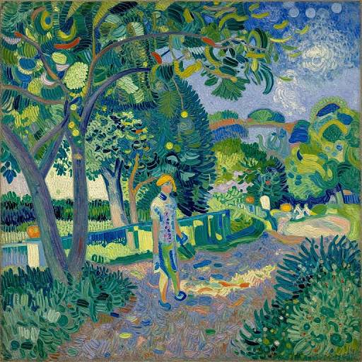 Vivid, swirling, impressionist-style painting of a child with orange hair walking through a lush, colorful park with trees and dappled sunlight.