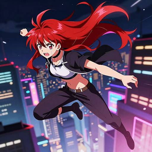Red-Haired Anime Hero Leaping in Neon City