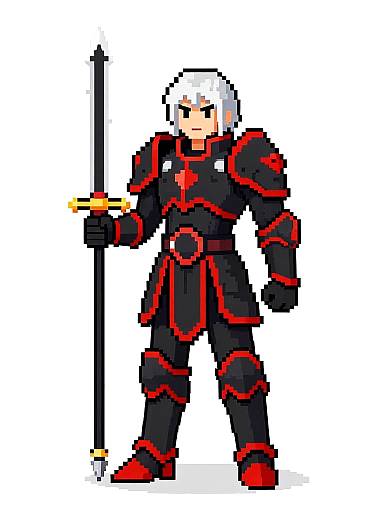 Pixel art of a white-haired knight in black and red armor, holding a long sword, standing against a grey background.
