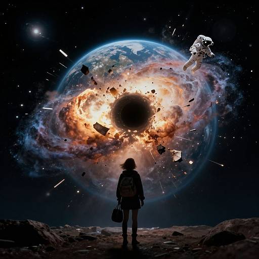 Silhouetted astronaut with backpack gazes at a fiery, exploding galaxy with debris in space, against a dark starry background. Digital art.
