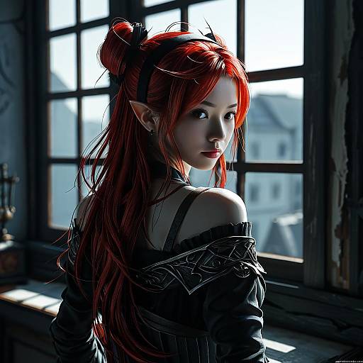 Digital art of a red-haired, elf-eared woman with pointed ears, wearing a black off-shoulder top, standing by a sunlit window