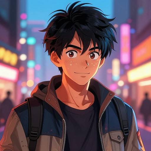Anime-style digital drawing of a smiling young man with black hair, wearing a black shirt and jacket, in a brightly lit, colorful urban night scene.
