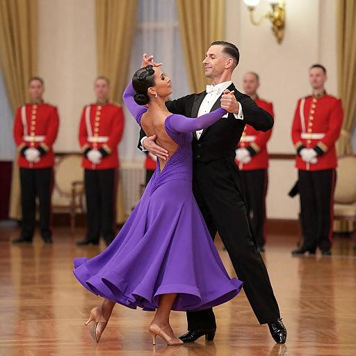 Elegant Purple Gown Ballroom Dance Scene