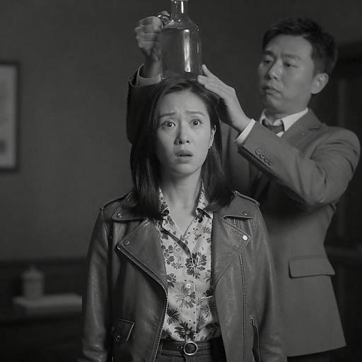 Black-and-White Portrait of Concerned Woman and Man with Jug