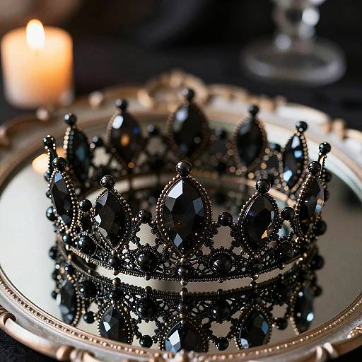 Photograph of a black, ornate, gemstone-encrusted crown on a reflective silver tray, illuminated by a soft, glowing candle in