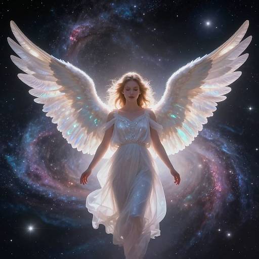 Photograph-like digital art of a glowing, ethereal angelic woman with white wings, flowing white dress, and radiant halo, floating in a star