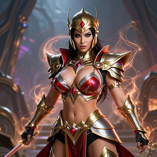 Digital artwork of a fierce, dark-haired warrior woman with large breasts, wearing golden armor and red gem accents, surrounded by magical fire in a grand,