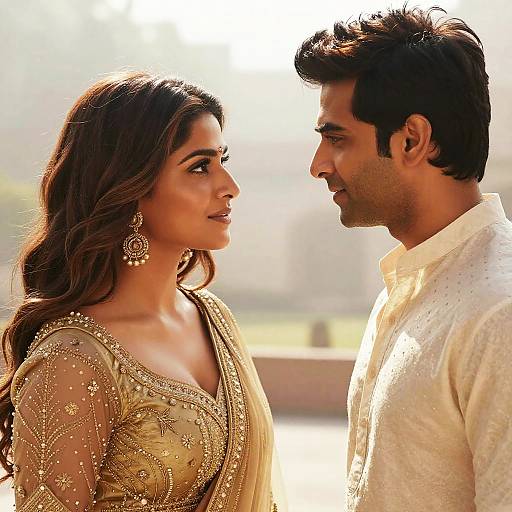 Couple in Traditional Indian Attire Facing Each Other